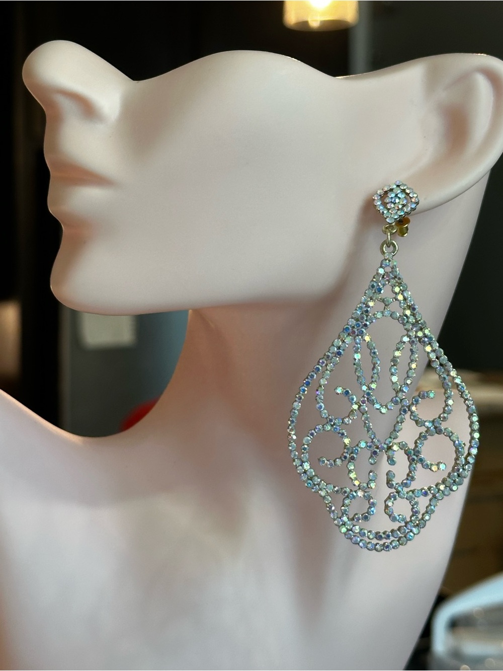Iridescent Crystal Filigree Dangle Earrings - Sparkling Teardrop